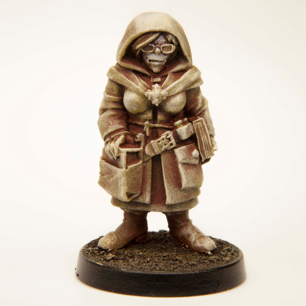Primed pewter Half-Orc Librarian miniature, 35mm tall