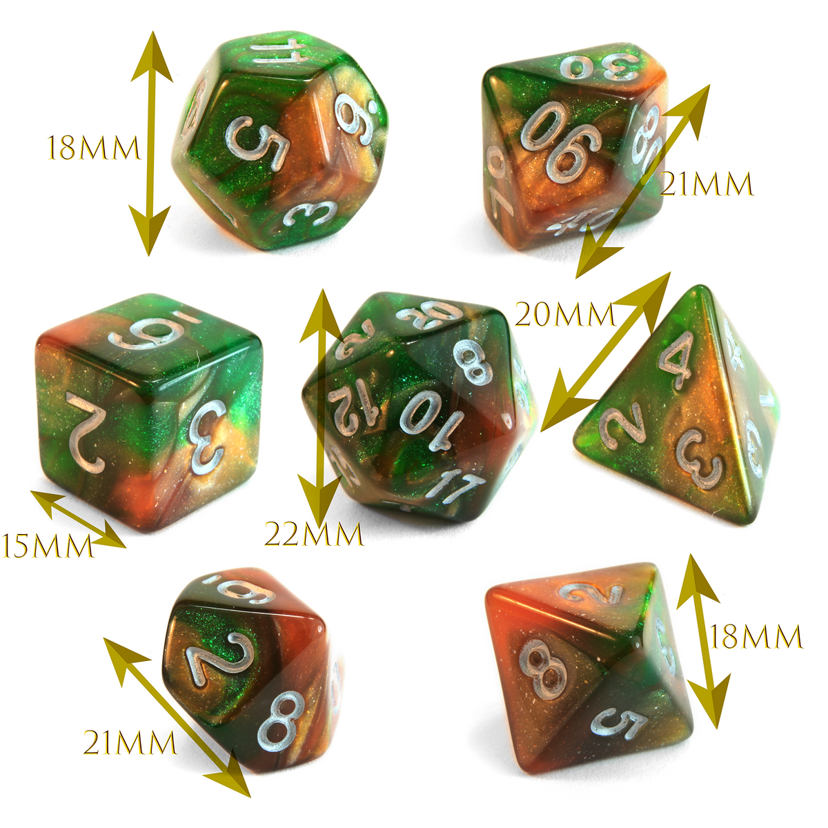 Level 1 Druid Dice Set Polyhedral Dice (7pcs) Green and Orange Glitter Sparkle Mixed, another view