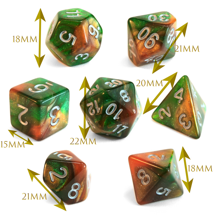 Level 1 Druid Dice Set Polyhedral Dice (7pcs) Green and Orange Glitter Sparkle Mixed Great for Dungeons and Dragons, Role Playing Tabletop Games