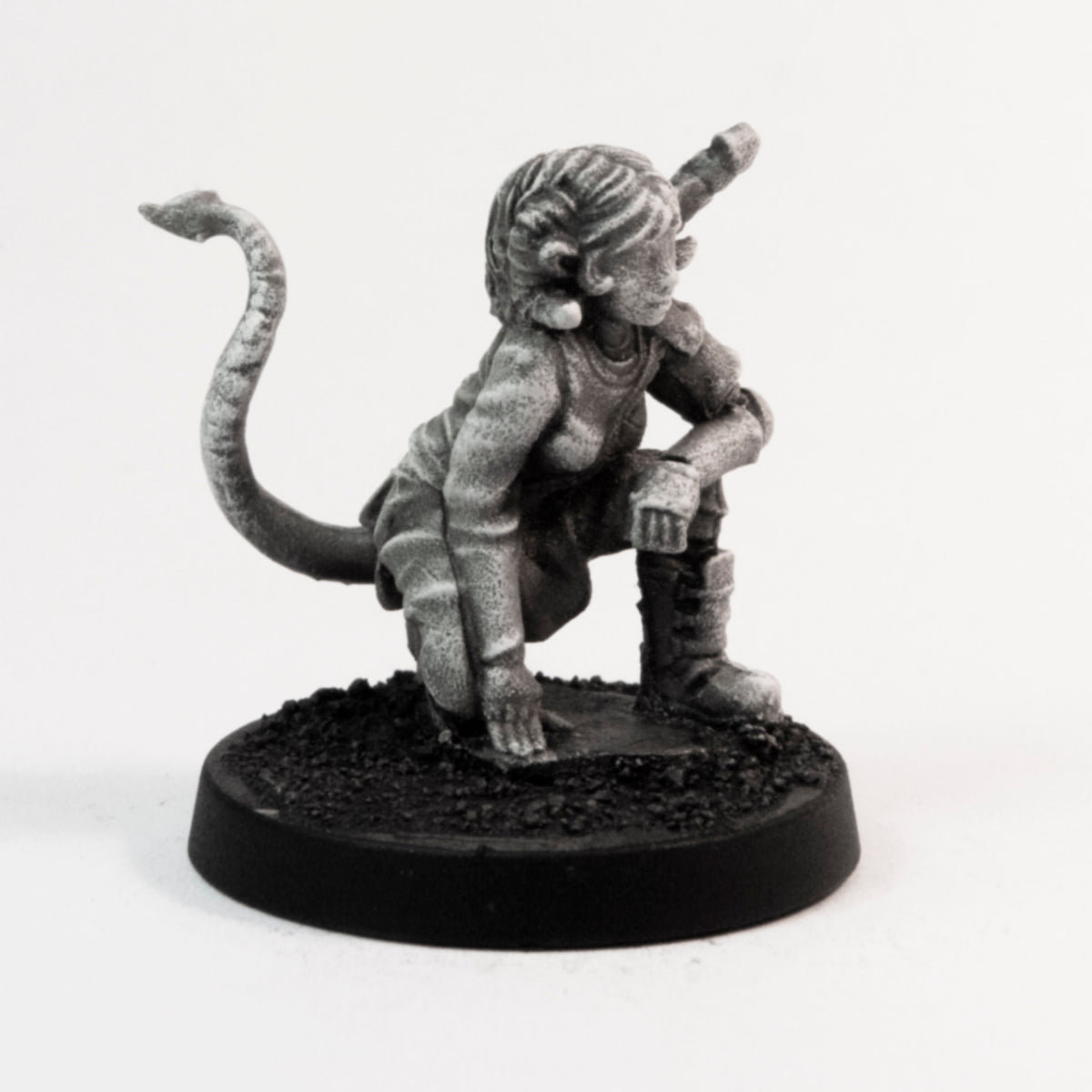 Primed pewter Tiefling Fighter miniature, 22mm tall, another view