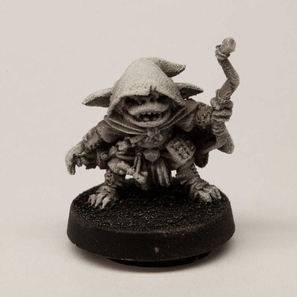 Primed pewter Male Goblin Archer miniature, 18mm tall