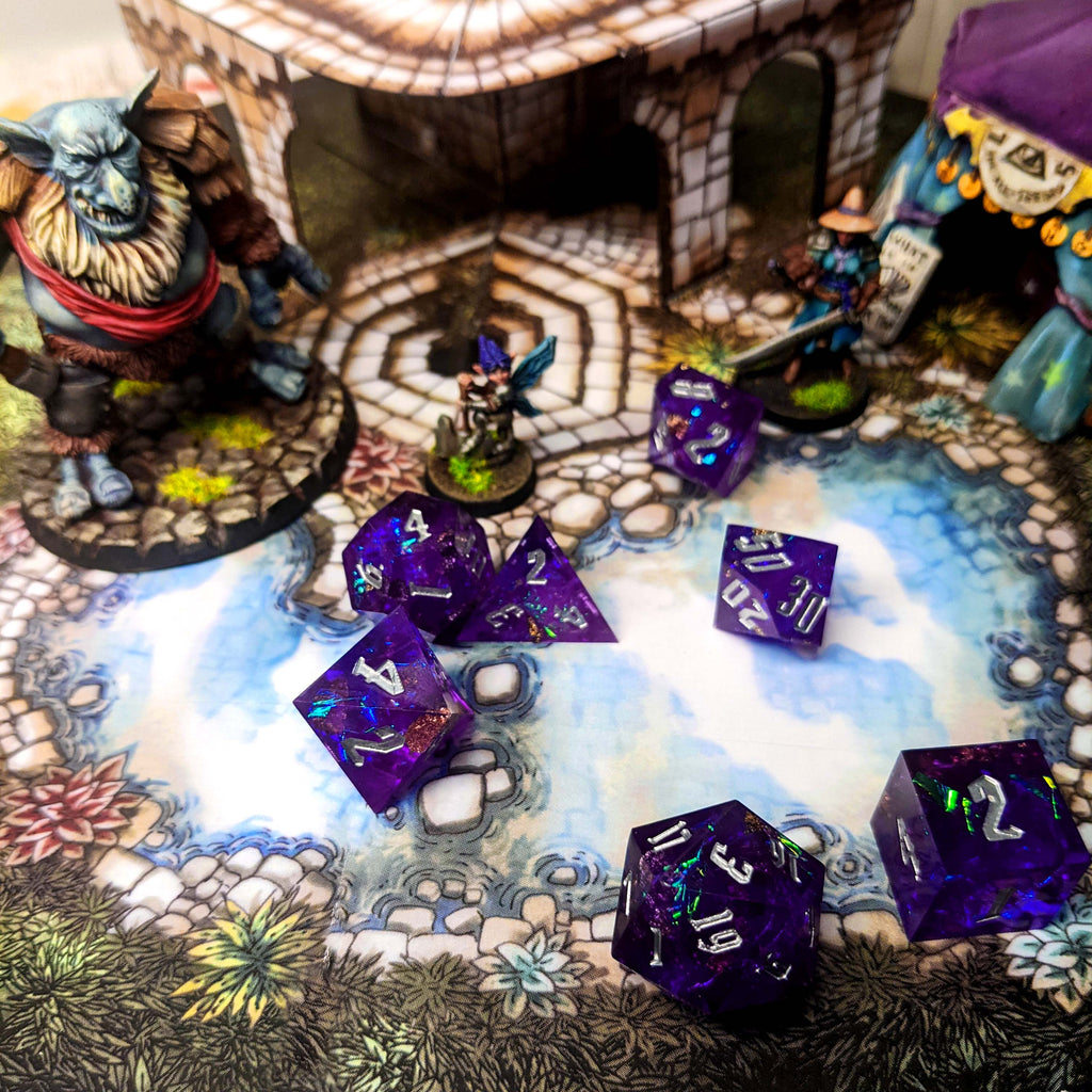 Level 14 Sorcerer Set Polyhedral Dice (7pcs) Sharp Resin Dice Purple and Blue with Gold Flecks, another view