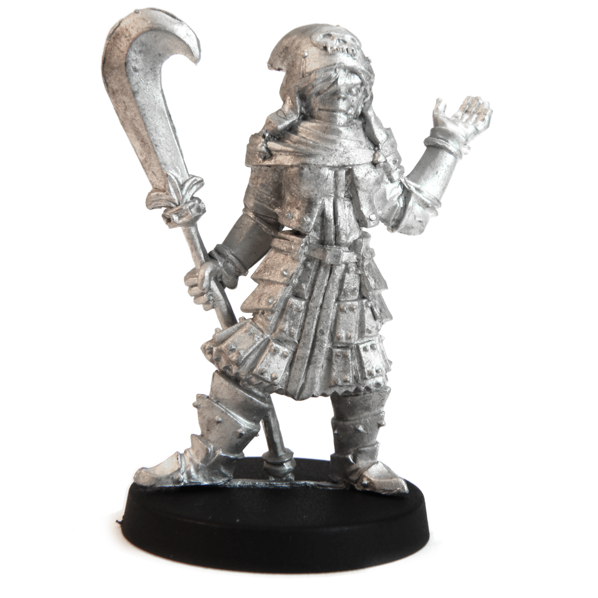 Unpainted pewter Half-Orc Necromancer miniature, 36mm tall