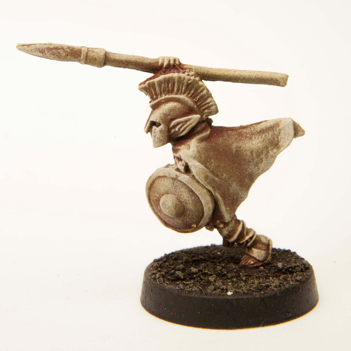 Primed pewter Gnome Hoplite miniature, 30mm tall, another view