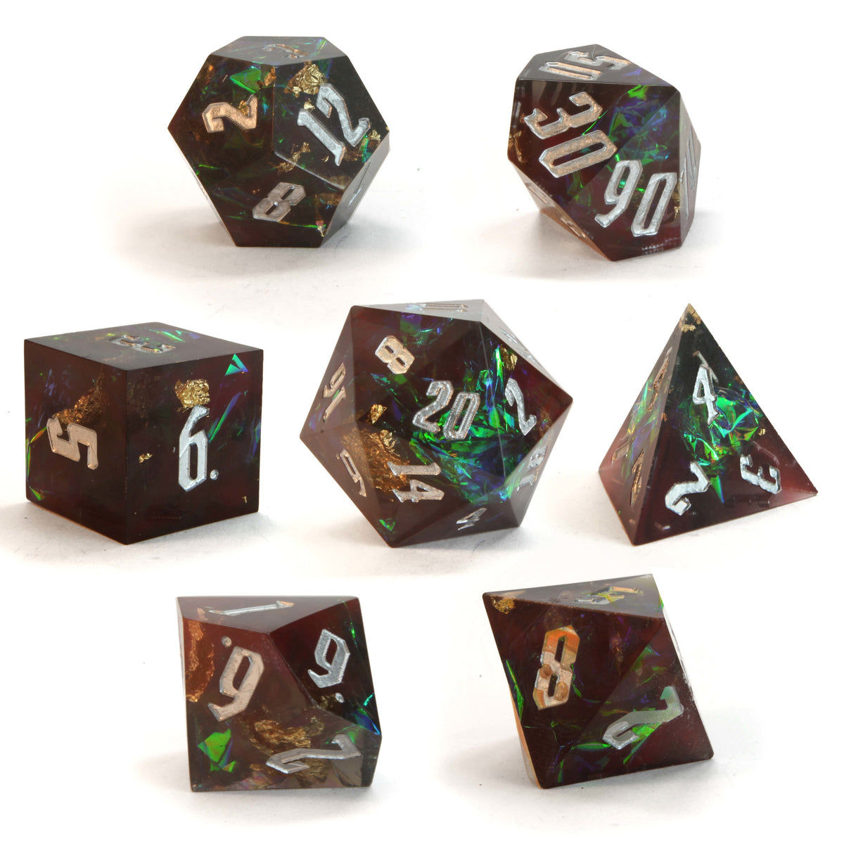 Level 14 Rogue Set Polyhedral Dice (7pcs) Sharp Resin Dice Red and Green with Gold Flecks, another view