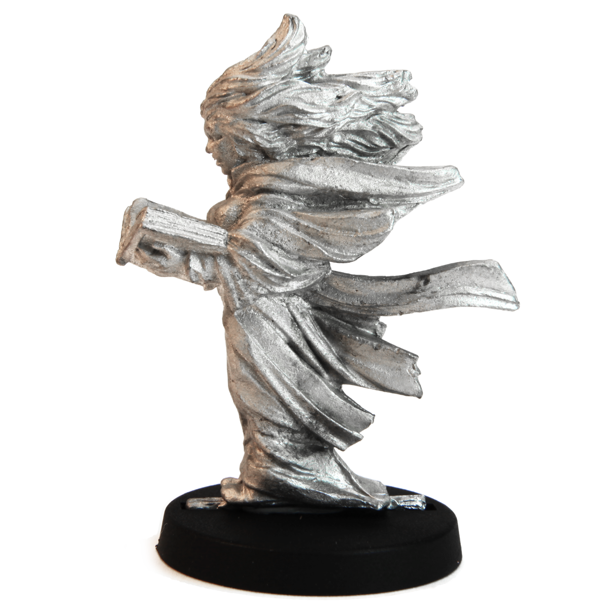 Unpainted pewter Female Human Elementalist miniature, 40mm tall, another view