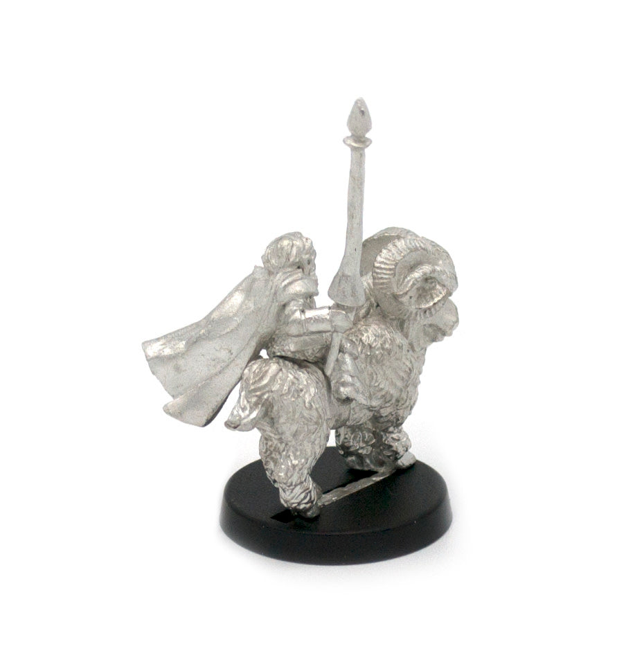 Unpainted pewter Halfling Commander on Ram Mount miniature, 28mm tall, another view