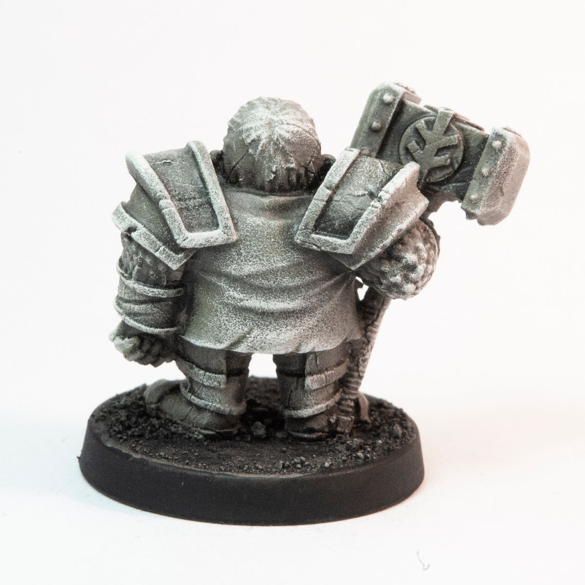 Primed pewter Dwarven Hammersmith miniature, 26mm tall, another view