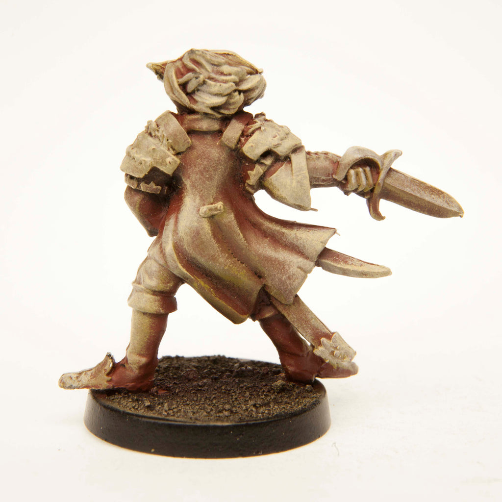Primed pewter Half-Orc Spellblade miniature, 32mm tall, another view