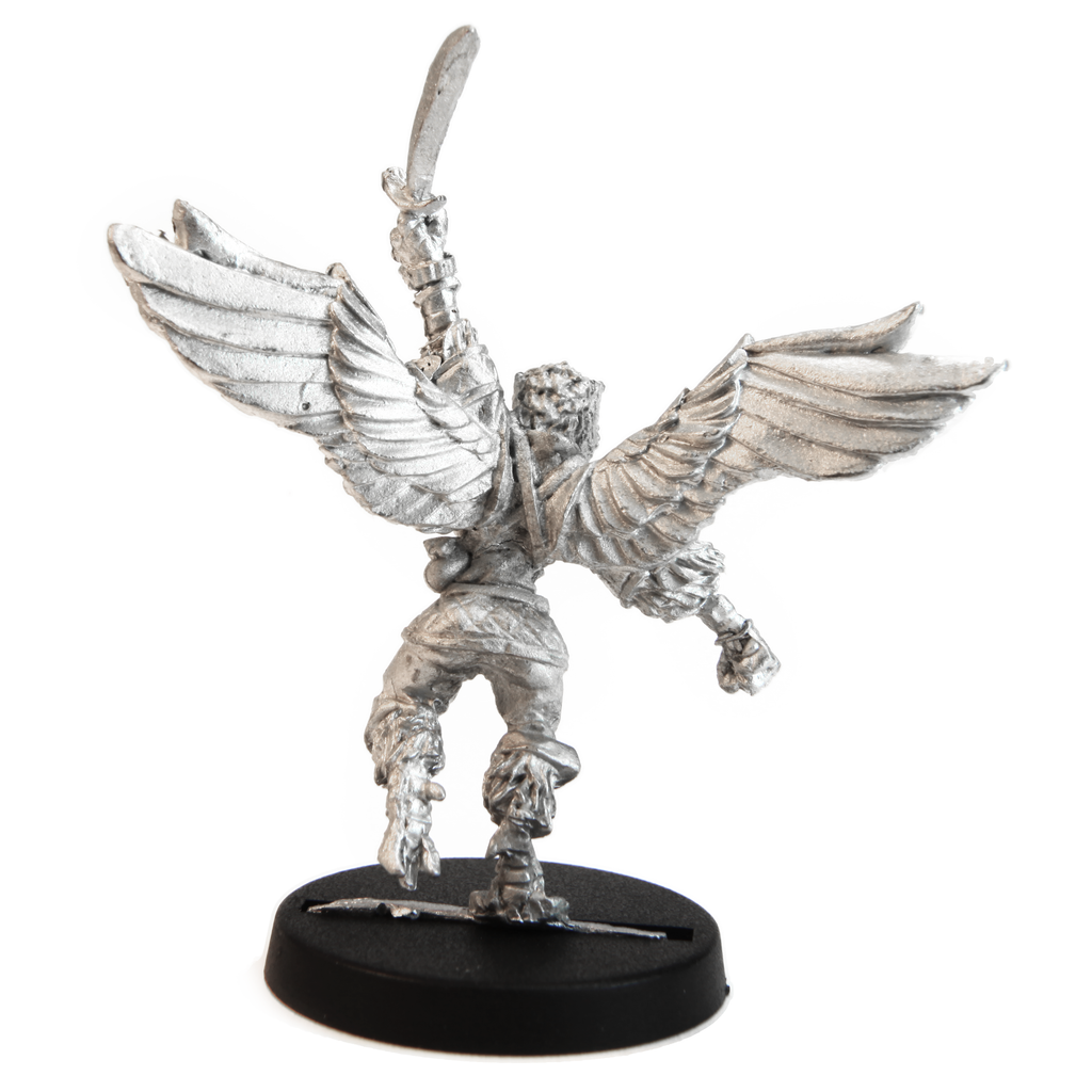Unpainted pewter Female Owlfolk Fighter miniature, 51mm tall, another view