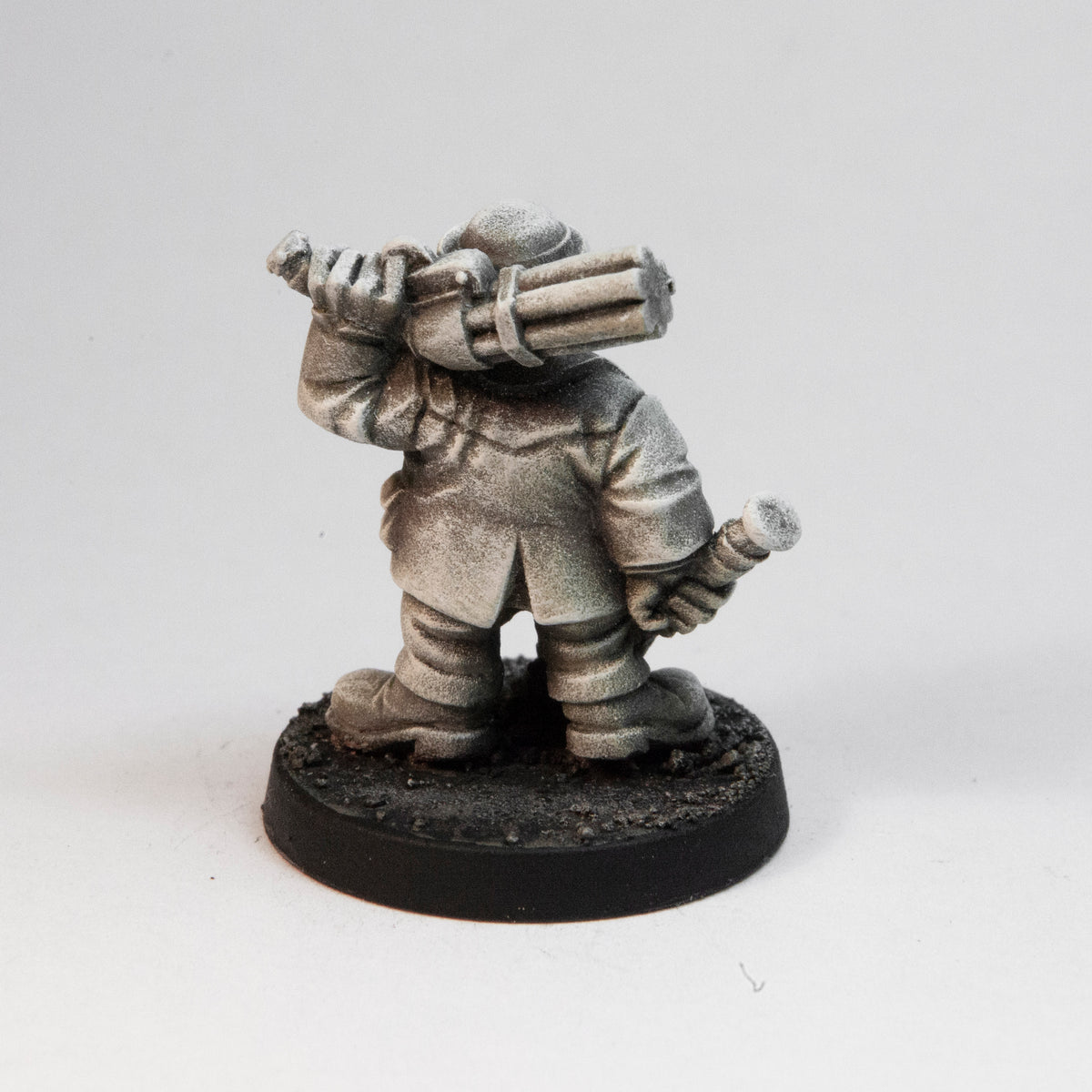 Primed pewter Dwarven Investigator miniature, 26mm tall, another view