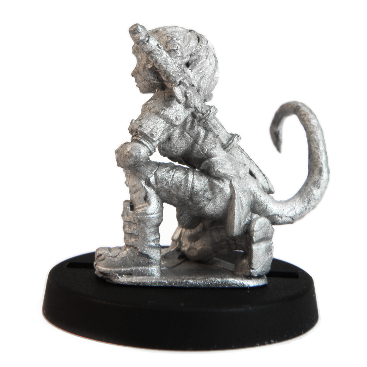 Unpainted pewter Tiefling Fighter miniature, 22mm tall, another view