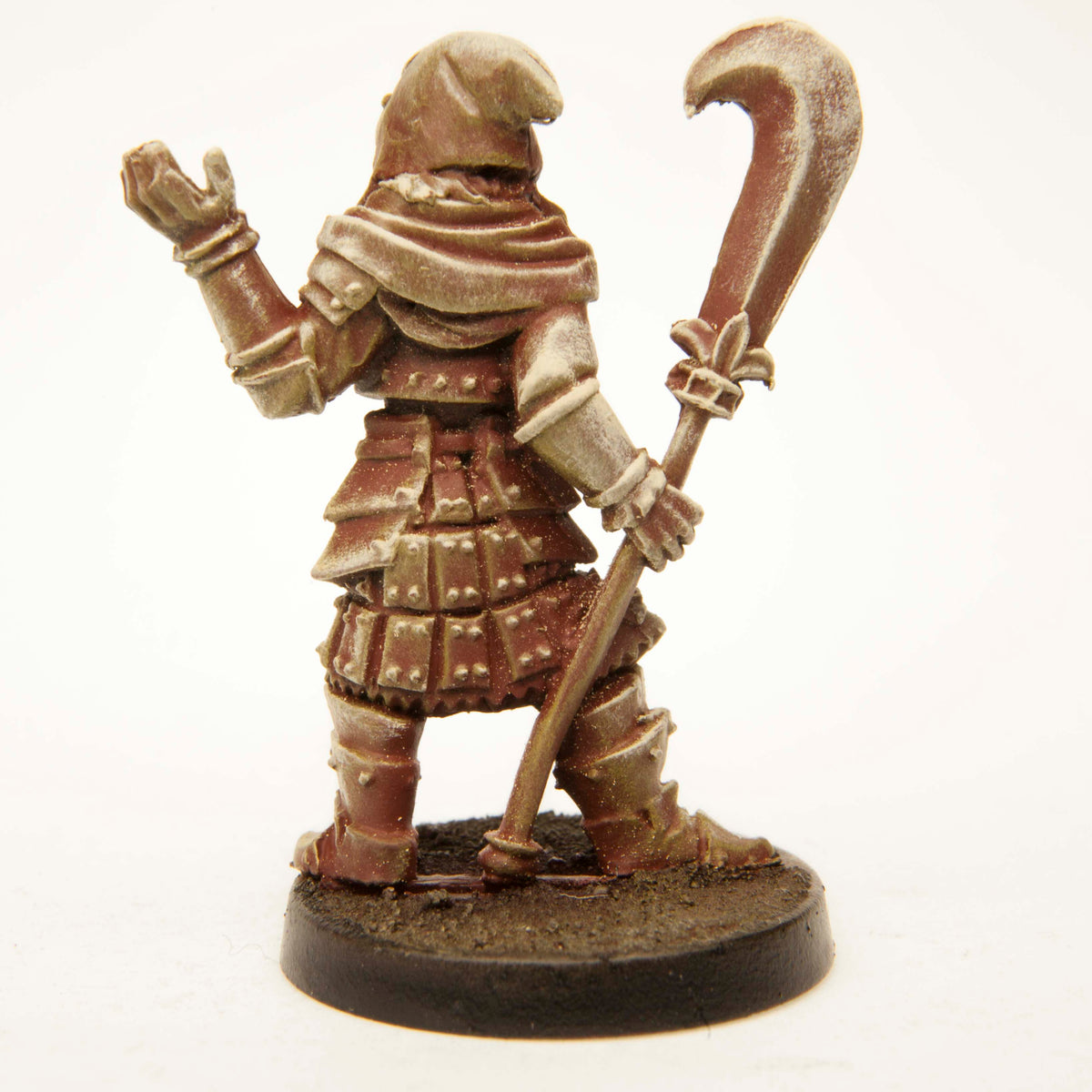 Primed pewter Half-Orc Necromancer miniature, 36mm tall, another view