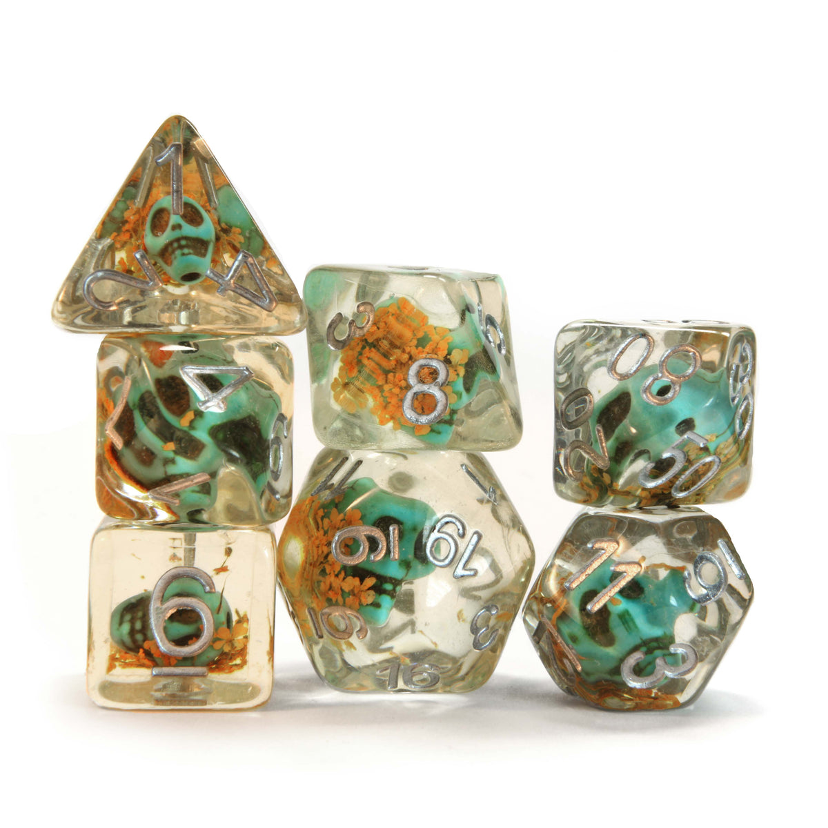 Level 10 Necromancer Dice Set Polyhedral Dice (7pcs) Clear with Blue Skull and Yellow Blossoms