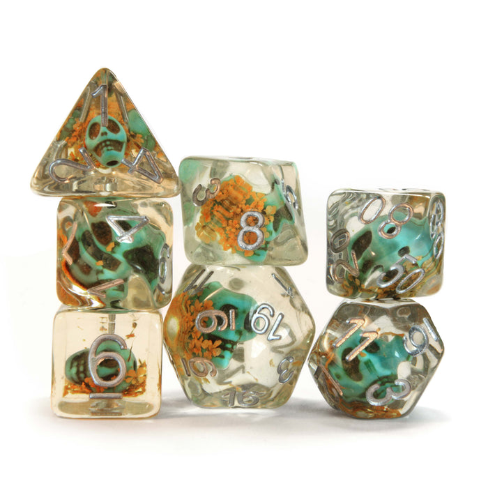 Level 10 Necromancer Dice Set Polyhedral Dice (7pcs) Clear with Blue Skull and Yellow Blossoms Great for Dungeons and Dragons