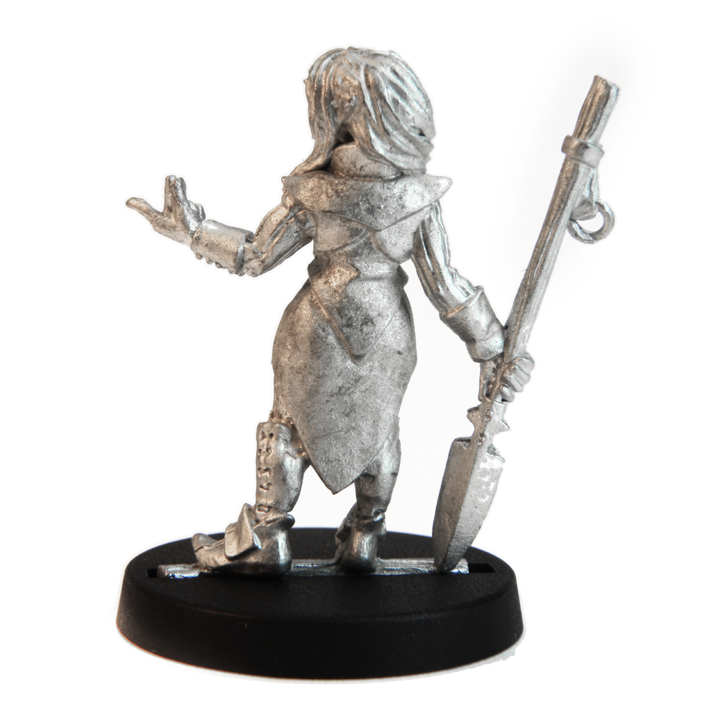 Unpainted pewter Female Half-Elf Monk miniature, 30mm tall, another view