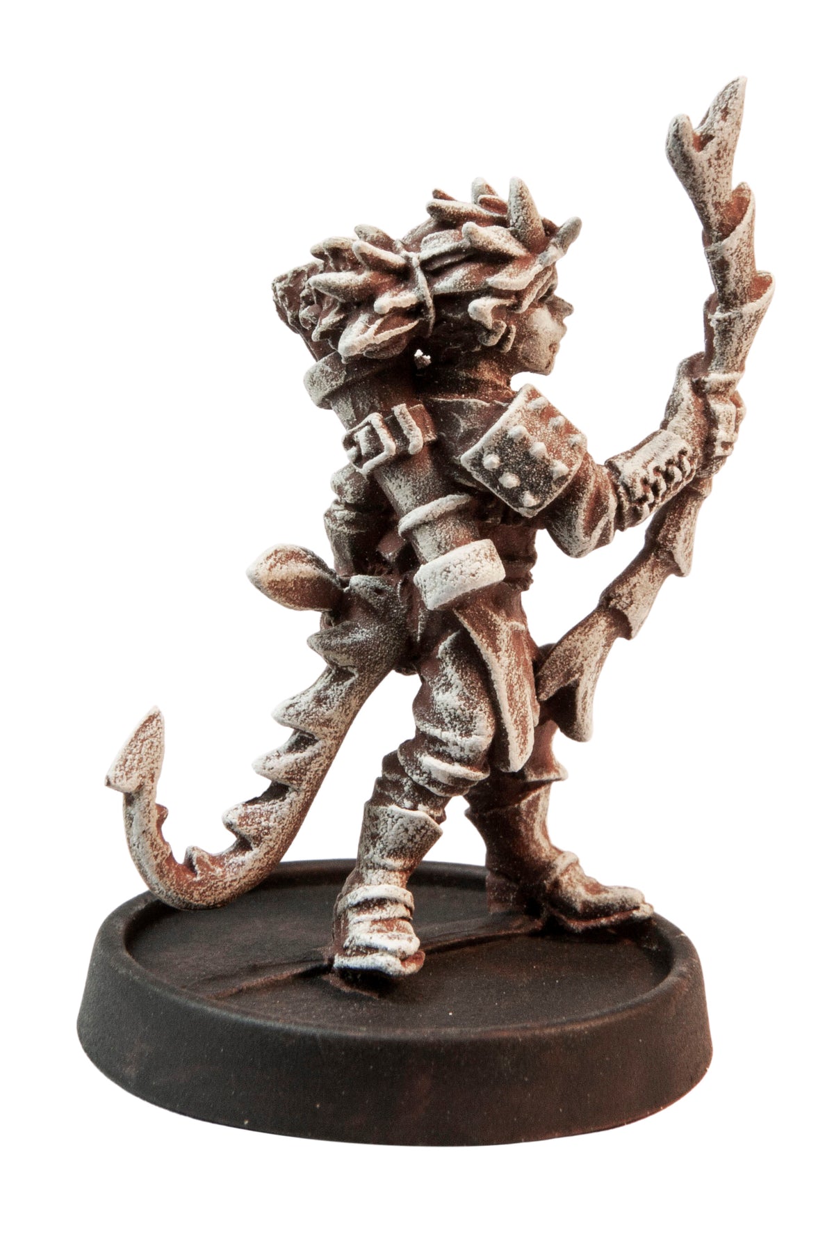 Primed pewter Female Tiefling Ranger miniature, 41mm tall, another view