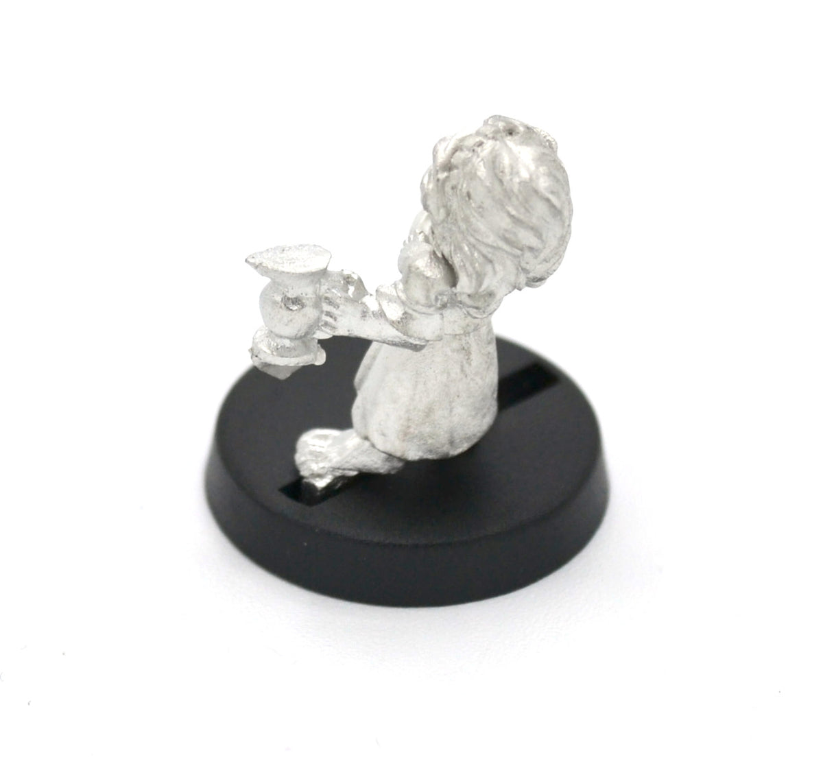 Unpainted pewter Halfling Serving Maid miniature, 20mm tall, another view