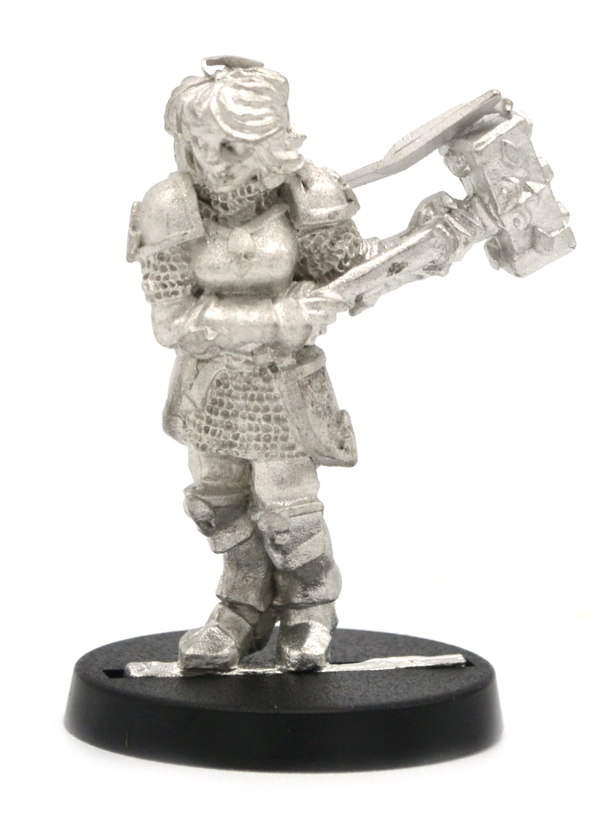 Unpainted pewter Human Paladin Female miniature, 34mm tall, another view