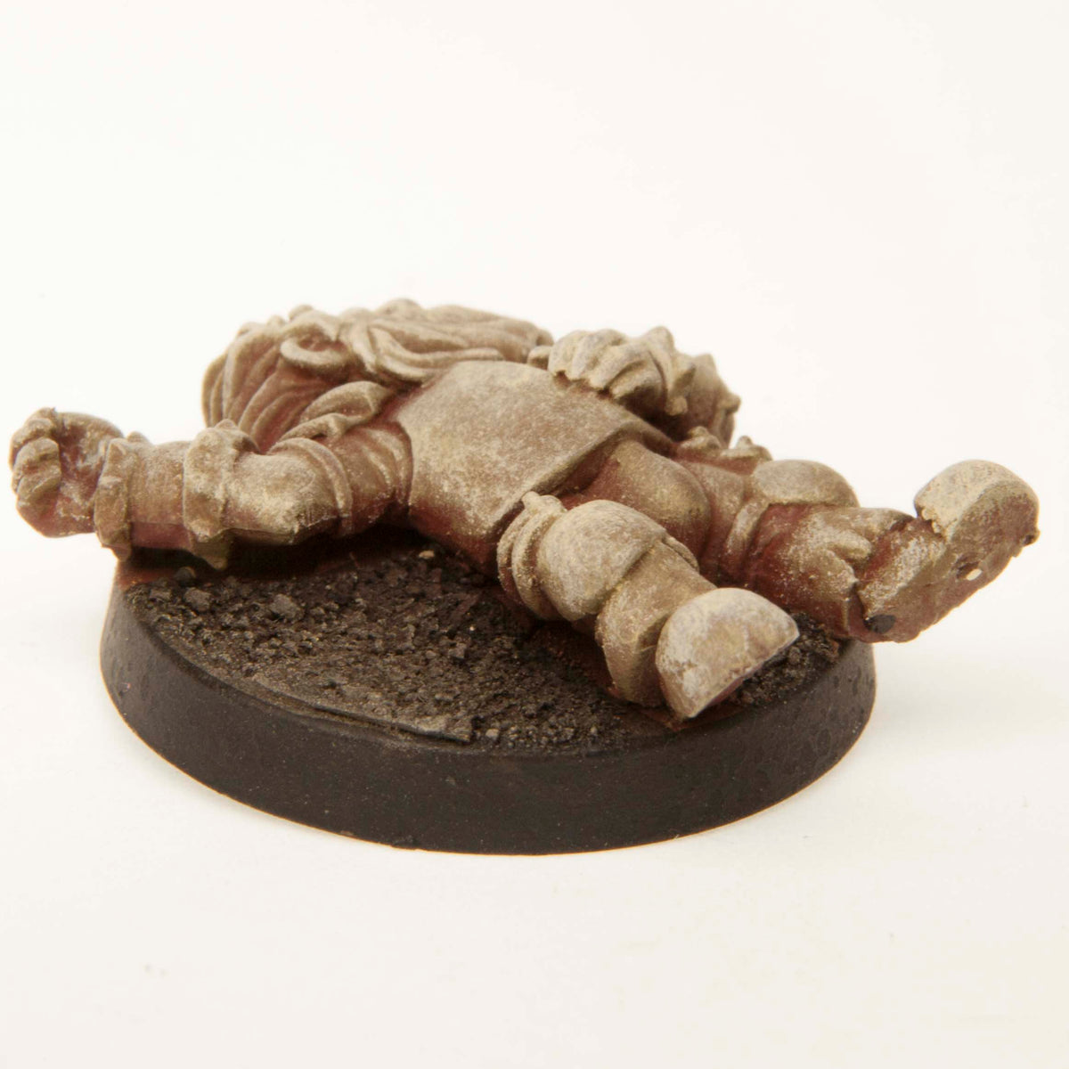 Primed pewter Dwarf Unconscious miniature, 28mm long, another view