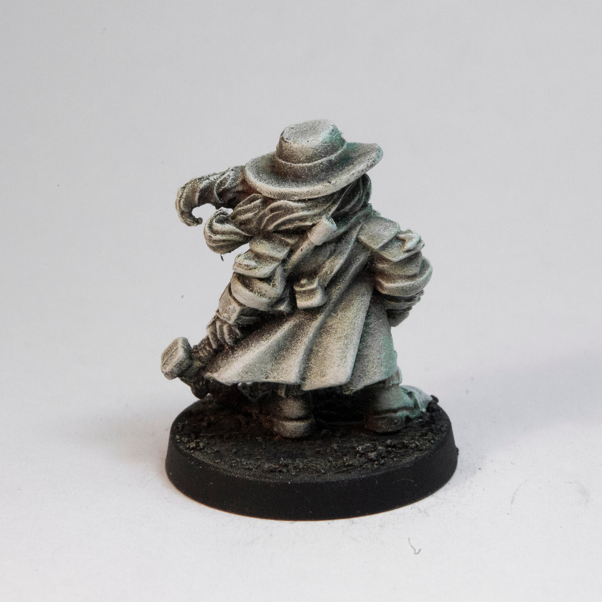 Primed pewter Dwarven Vampire Hunter miniature, 24mm tall, another view