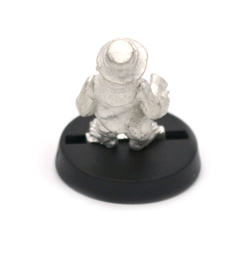 Unpainted pewter Halfling Wool Merchant miniature, 23mm tall, another view