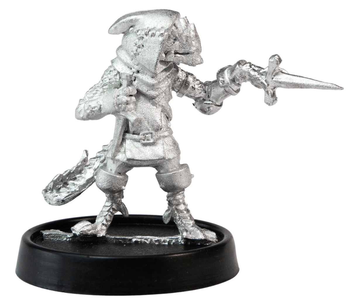 Unpainted pewter Pygmy Lizardfolk Rogue miniature, 28mm tall, another view