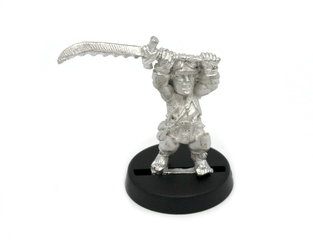 Unpainted pewter Halfling Barbarian miniature, 25mm tall, another view