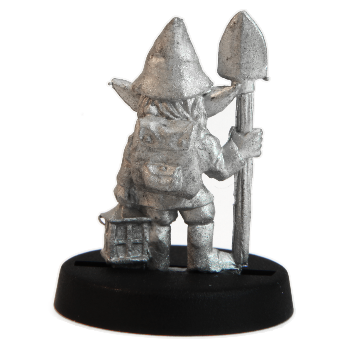 Unpainted pewter Gnome Gardener miniature, 22mm tall, another view