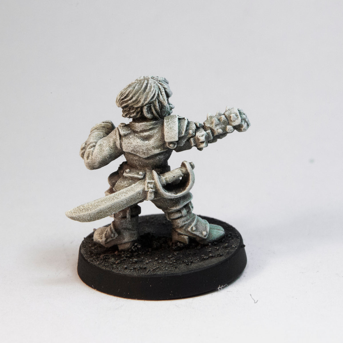 Primed pewter Dwarven Mechanist miniature, 24mm tall, another view
