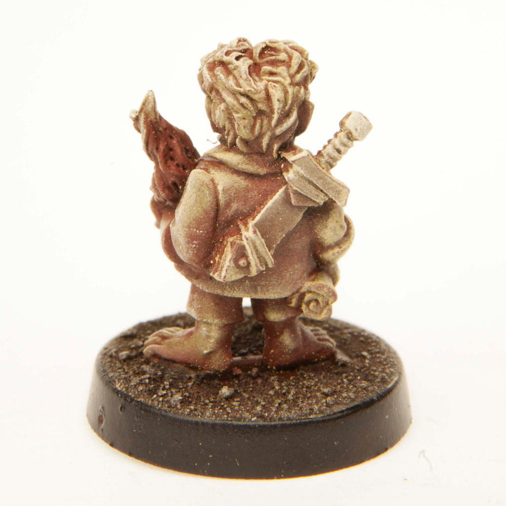 Primed pewter Halfling Apprentice miniature, 21mm tall, another view
