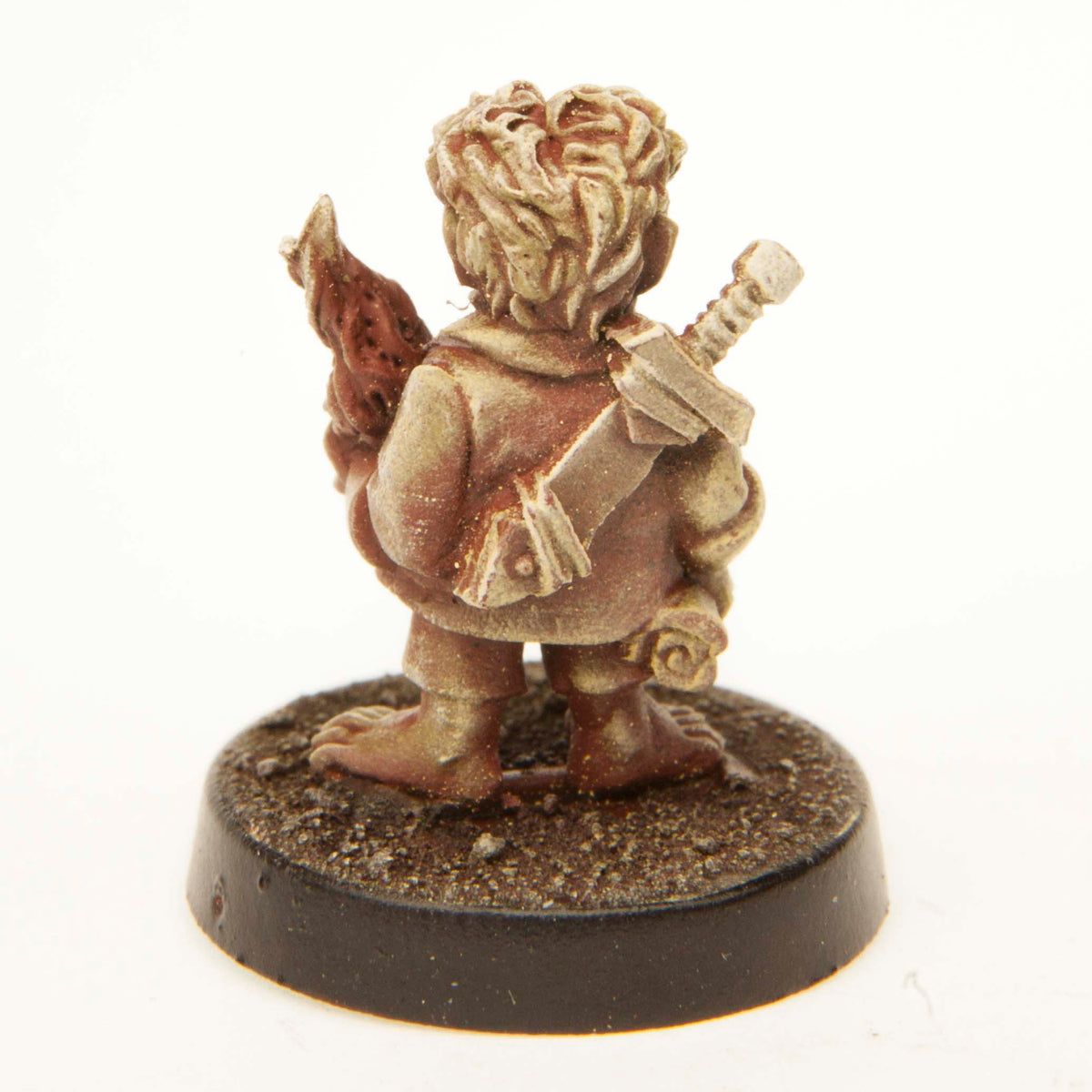Primed pewter Halfling Apprentice miniature, 21mm tall, another view