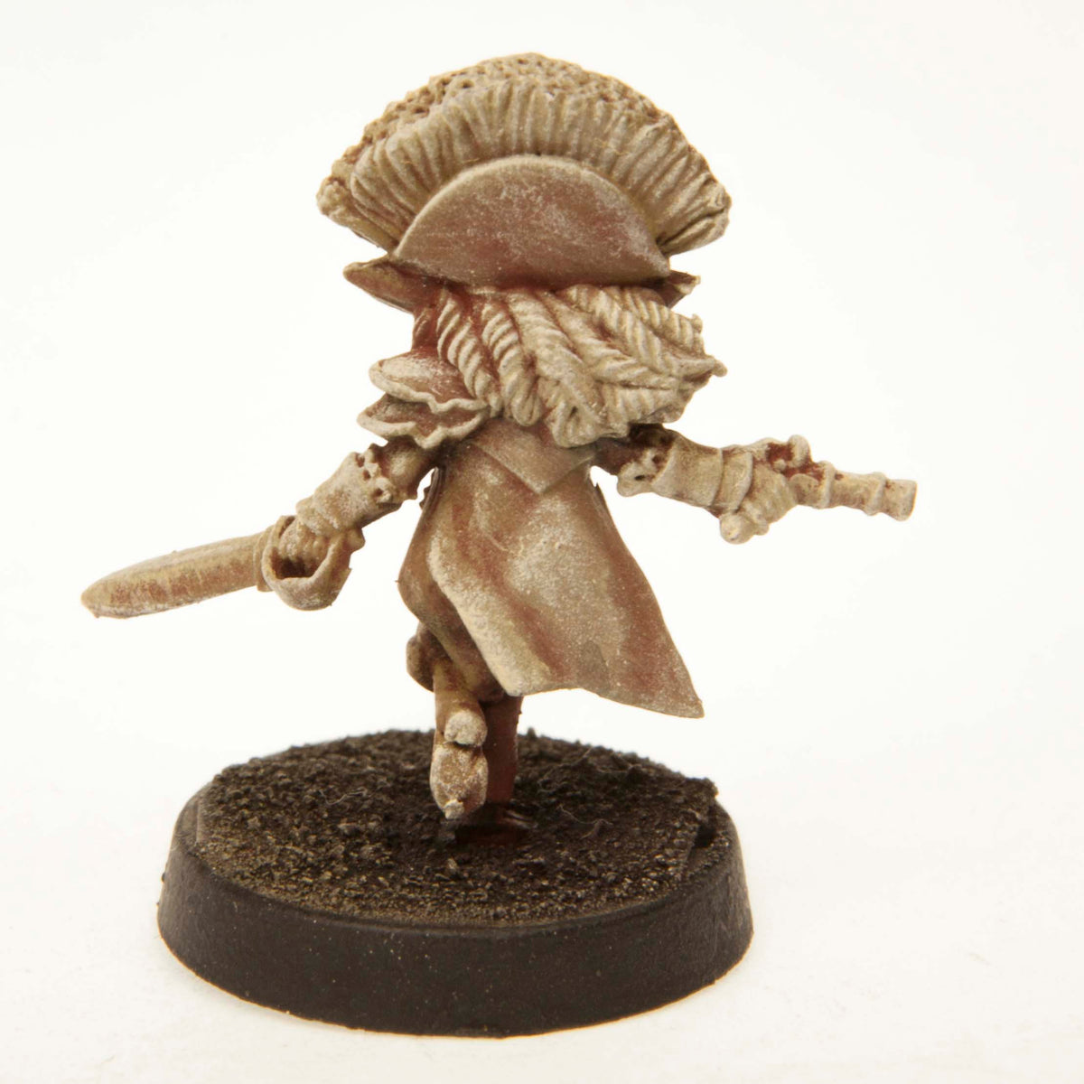 Primed pewter Gnome Pirate miniature, 27mm tall, another view