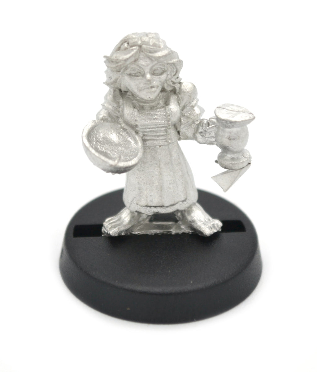 Unpainted pewter Halfling Serving Maid miniature, 20mm tall