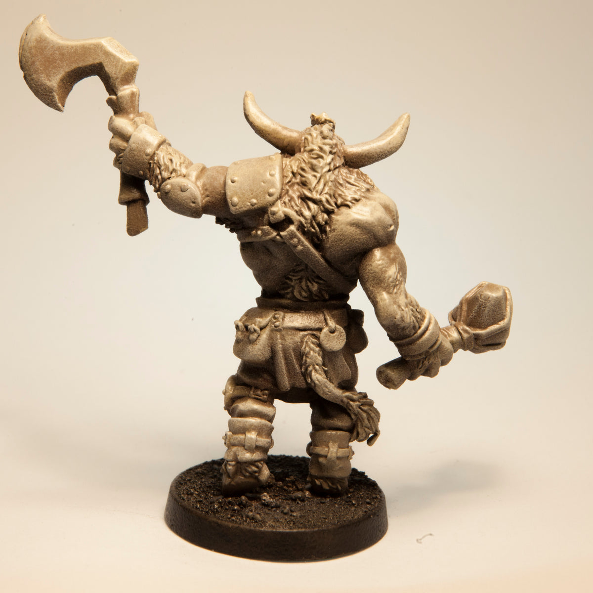 Primed pewter Minotaur Fighter Male miniature, 52mm tall, another view
