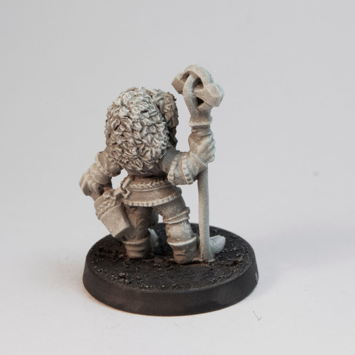 Primed pewter Dwarven Wandsmith miniature, 28mm tall, another view