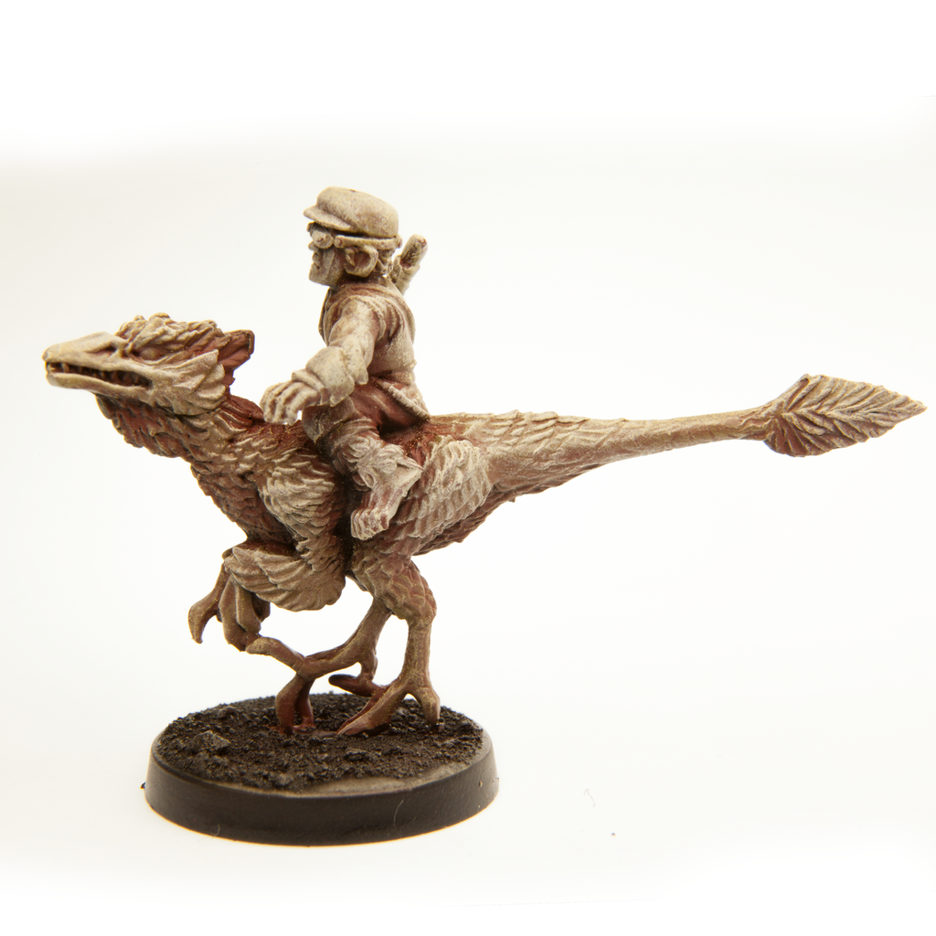 Primed pewter Halfling Barbarian on Raptor Mount miniature, 38mm tall