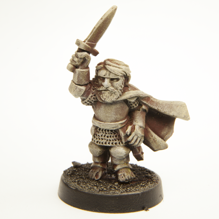 Primed pewter Halfling Commander on Foot miniature, 32mm tall