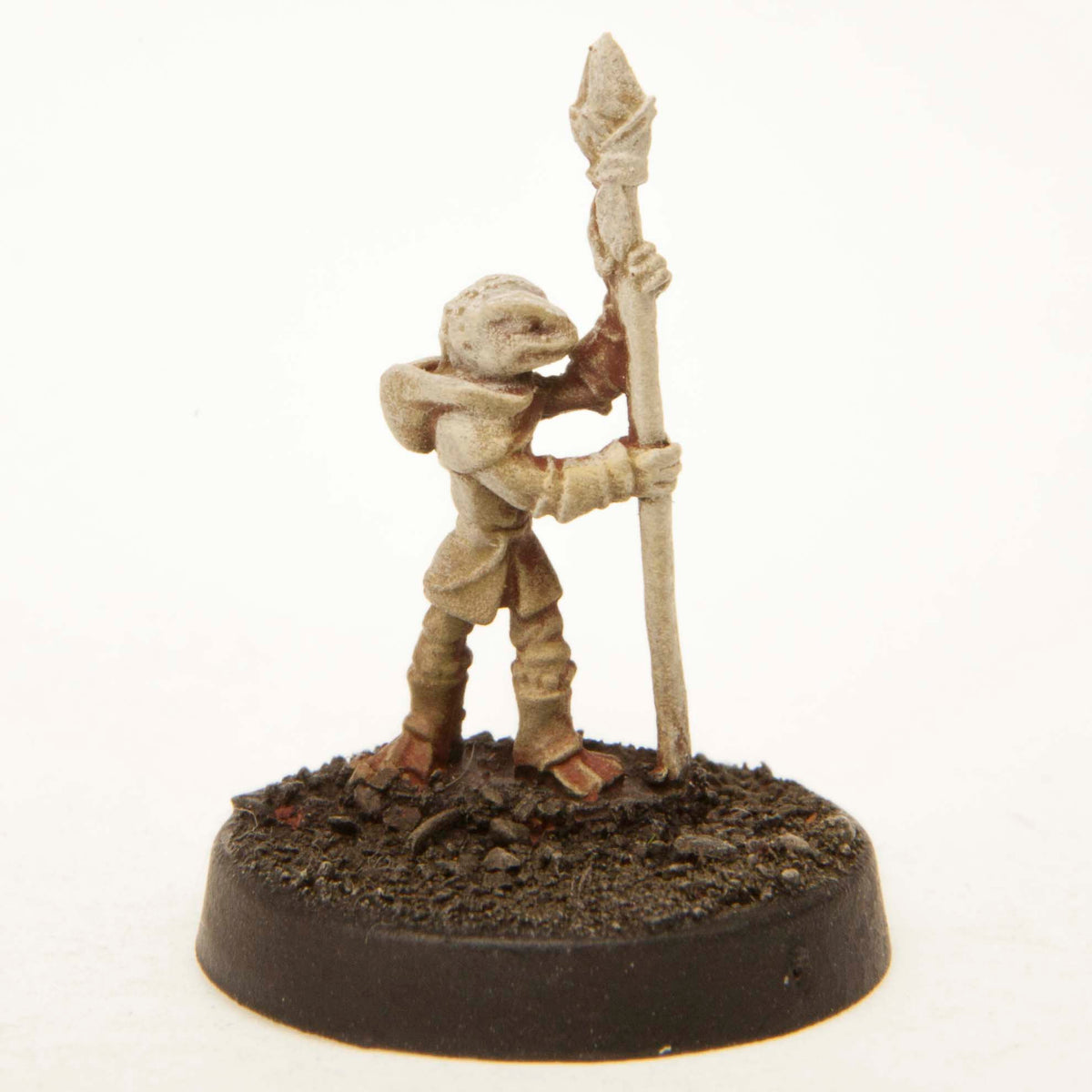 Primed pewter Grippli Spearman miniature, 22mm tall