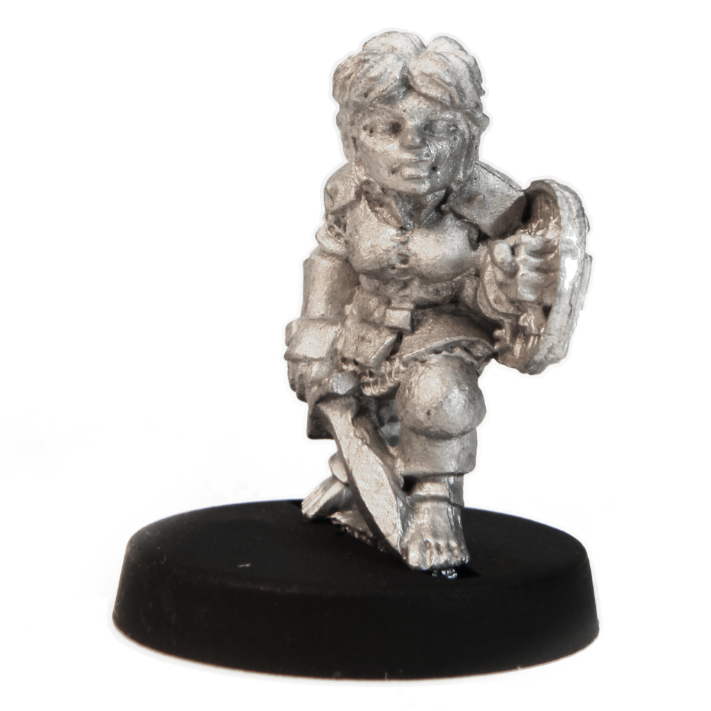 Unpainted pewter Female Halfling Fighter miniature, 20mm tall