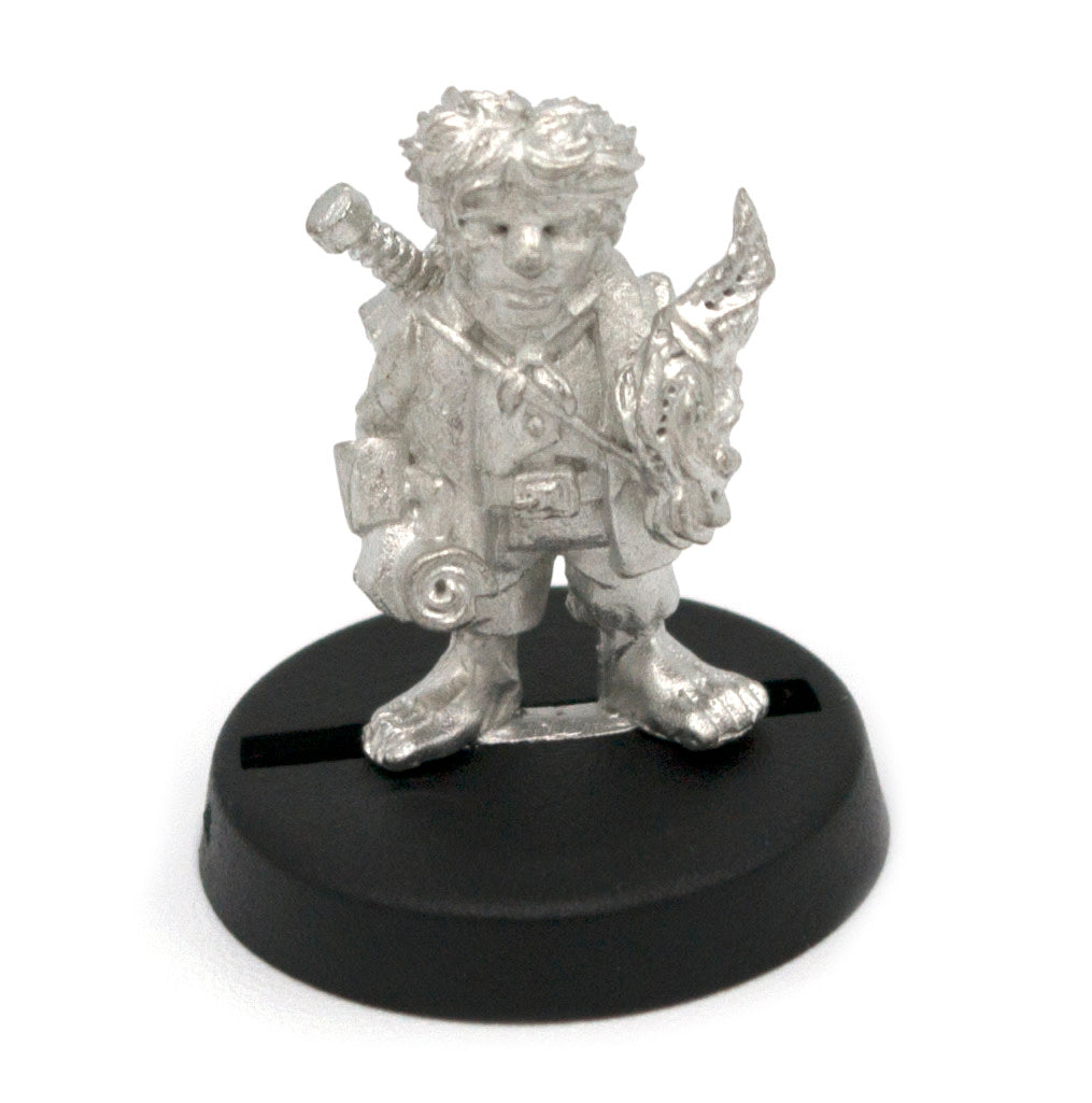 Unpainted pewter Halfling Apprentice miniature, 21mm tall