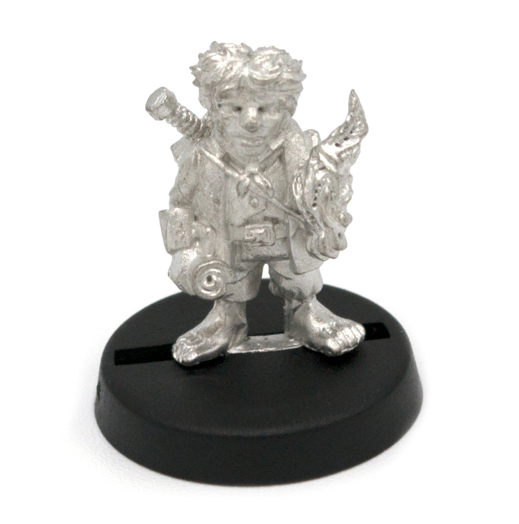 Unpainted pewter Halfling Apprentice miniature, 21mm tall, another view