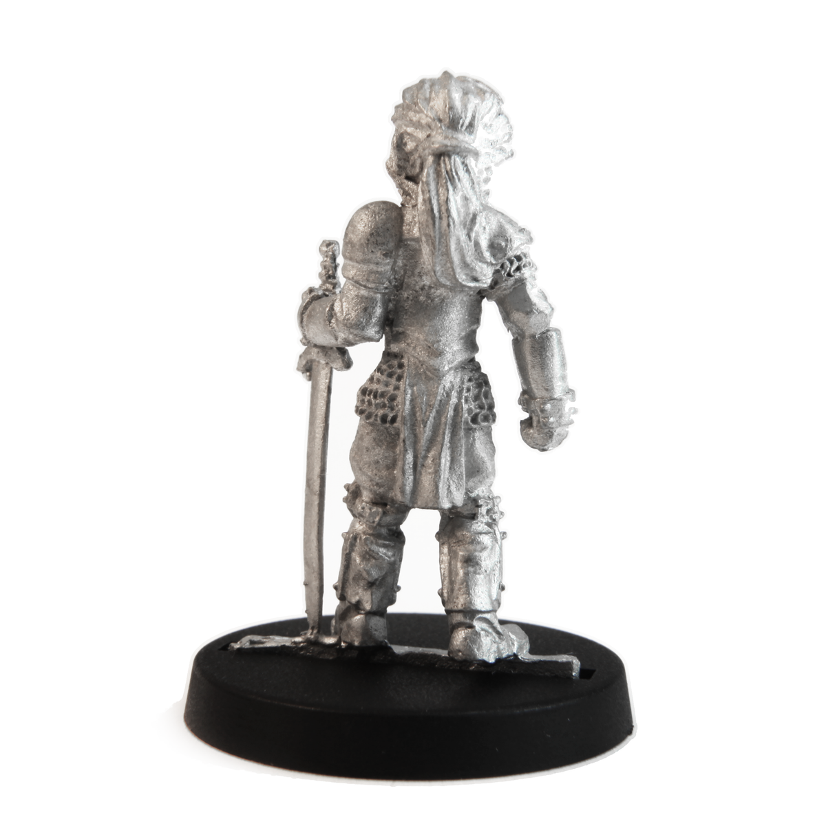 Unpainted pewter Human Squire Female miniature, 31mm tall, another view