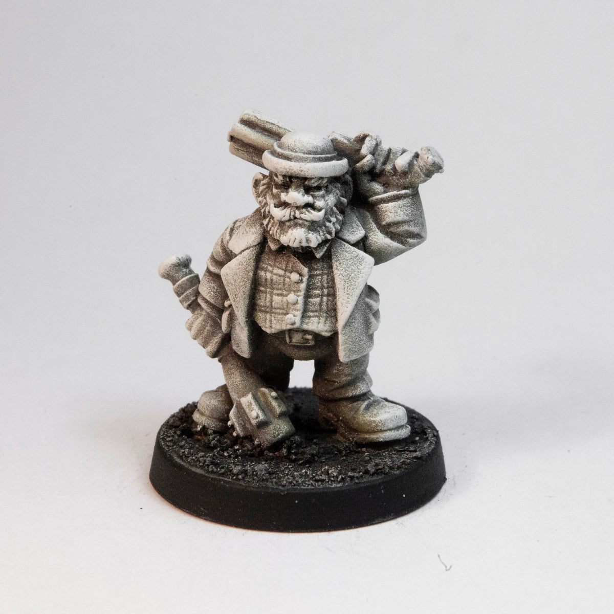 Primed pewter Dwarven Investigator miniature, 26mm tall