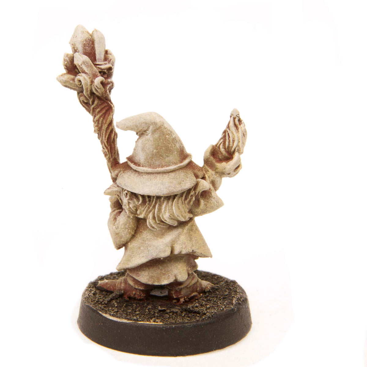 Primed pewter Gnome Wizard Male miniature, 28mm tall, another view