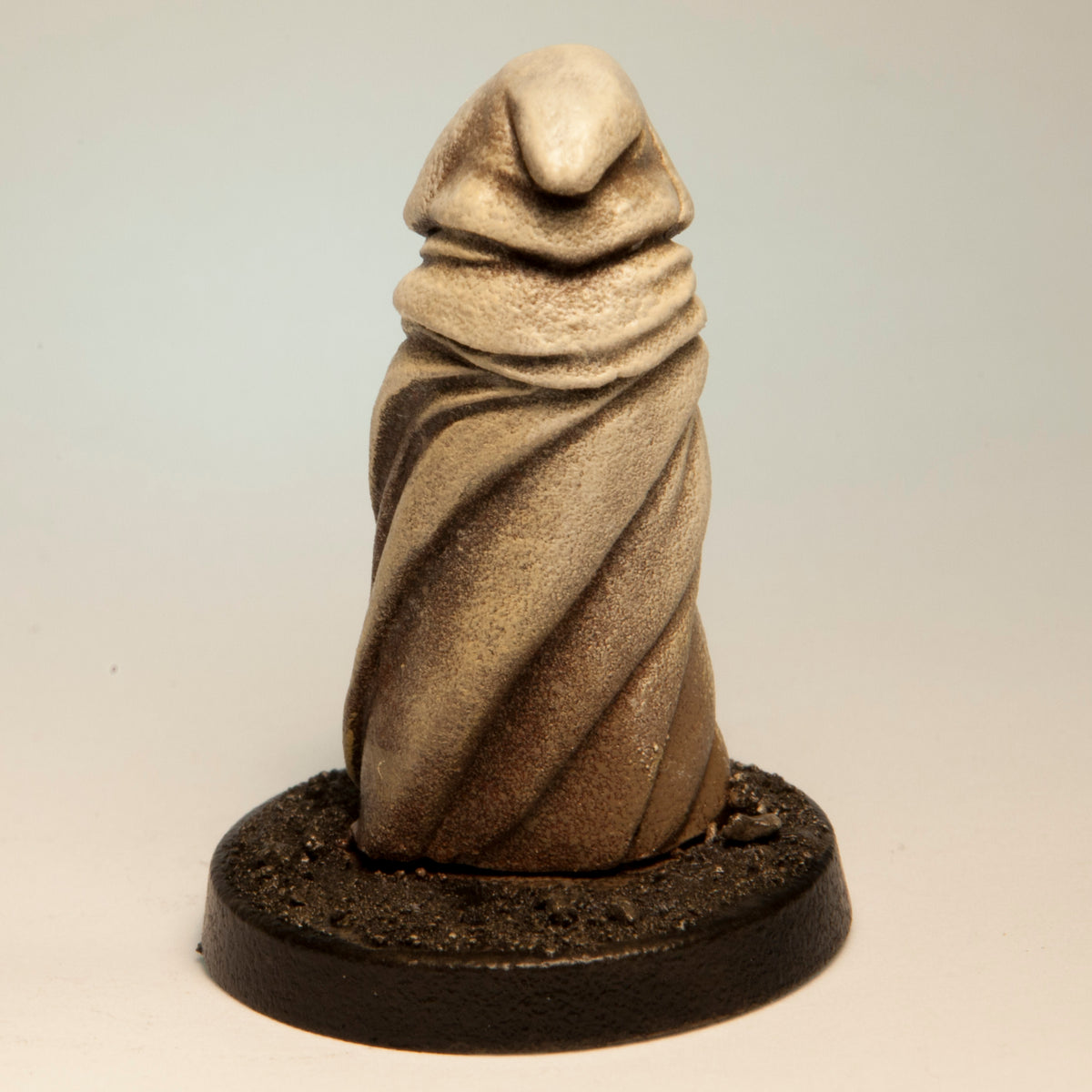 Primed pewter Cloaked Human miniature, 31mm tall, another view