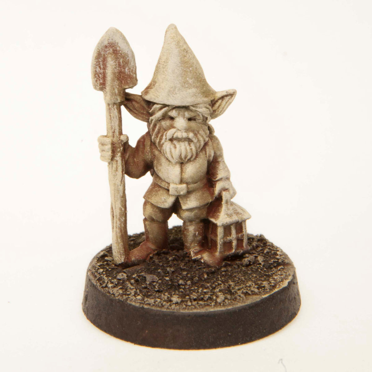 Primed pewter Gnome Gardener miniature, 22mm tall