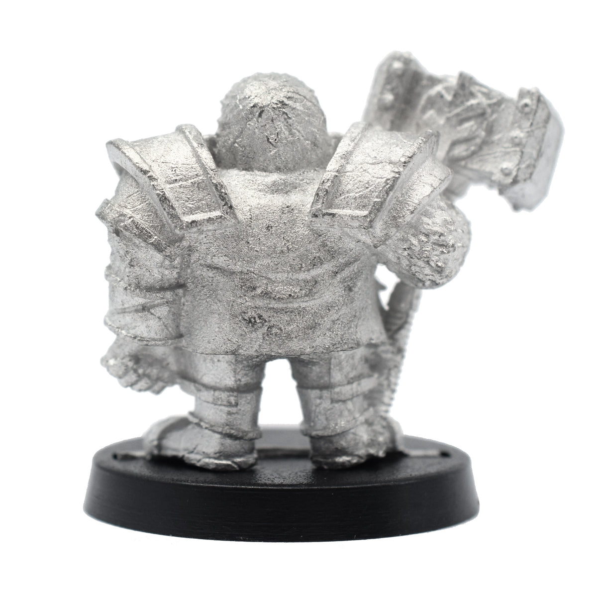 Unpainted pewter Dwarven Hammersmith miniature, 26mm tall, another view