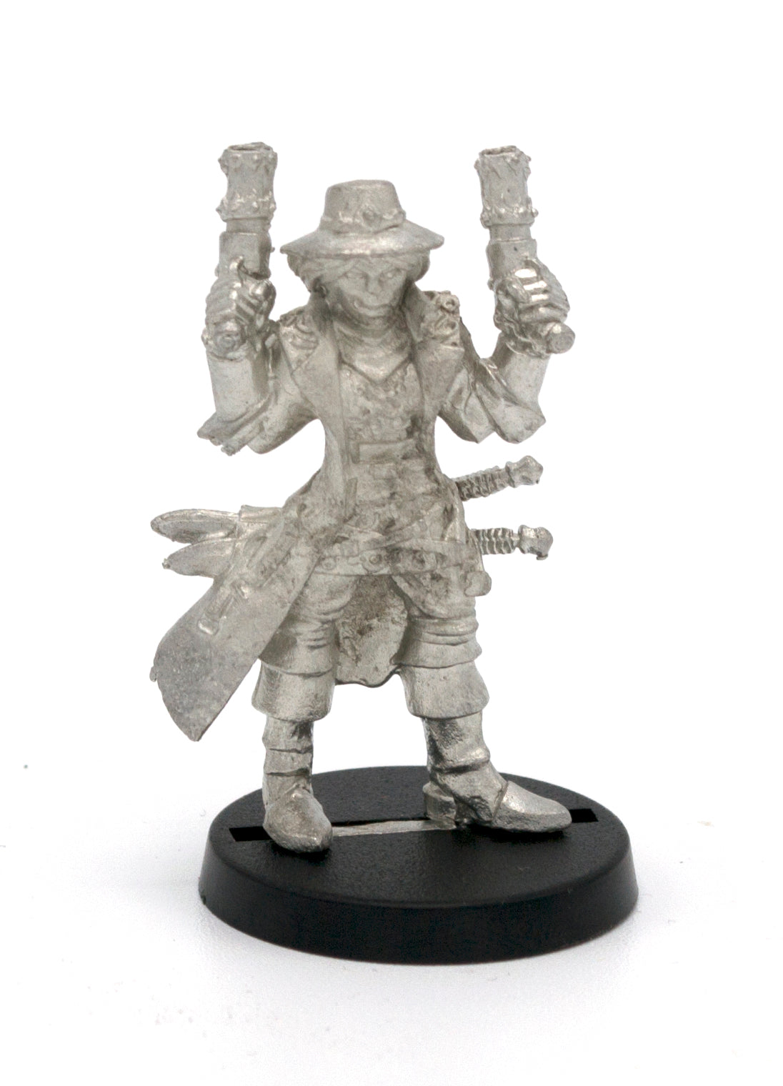 Unpainted pewter Half-Orc Gunslinger miniature, 40mm tall, another view