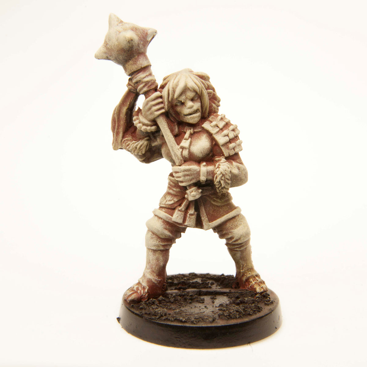 Primed pewter Half-Orc Fighter Female miniature, 40mm tall